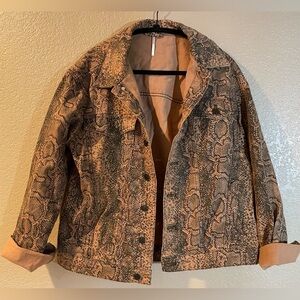 Free People Black and Tan Snakeskin Patterned Denim Jacket
